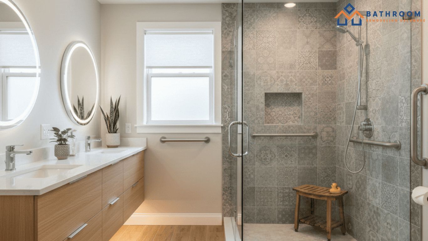 Safer bathroom remodel with walk in shower and grab bars by Bathroom Remodeling Delaware