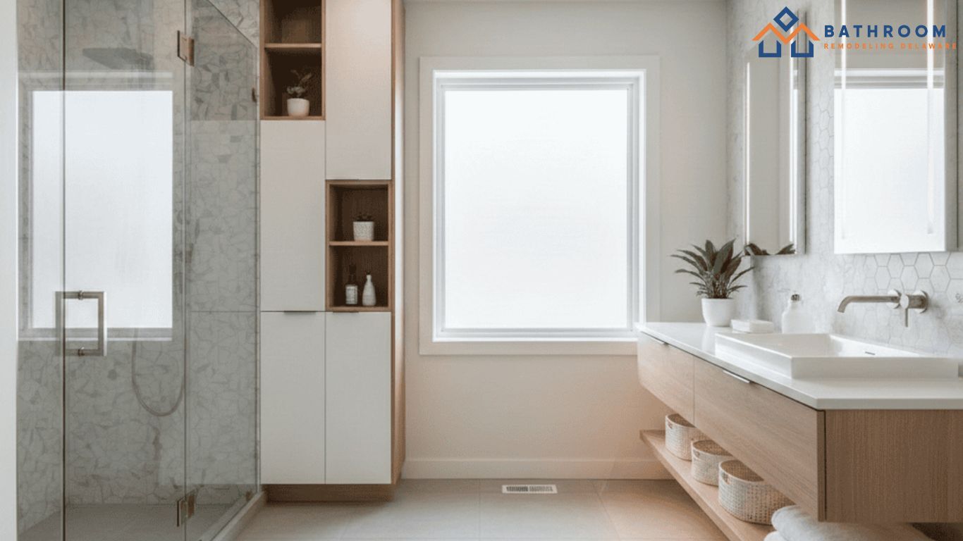 Modern bathroom layout with updated tile lighting storage and clear glass for a brighter space